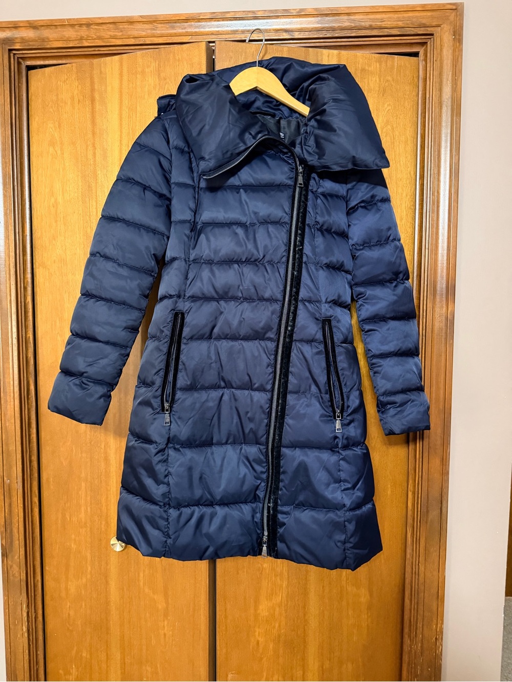 Tahari Navy Quilted Long Puffer Coat with Asymmetric Zip